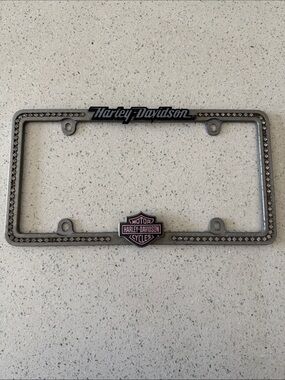 Harley-Davidson Silver License Plate Metal Frame with Pink Shield Accent